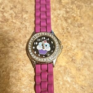 Cute Cupcake w/Glasses Wristwatch w/rhinestones on face & purple braided band